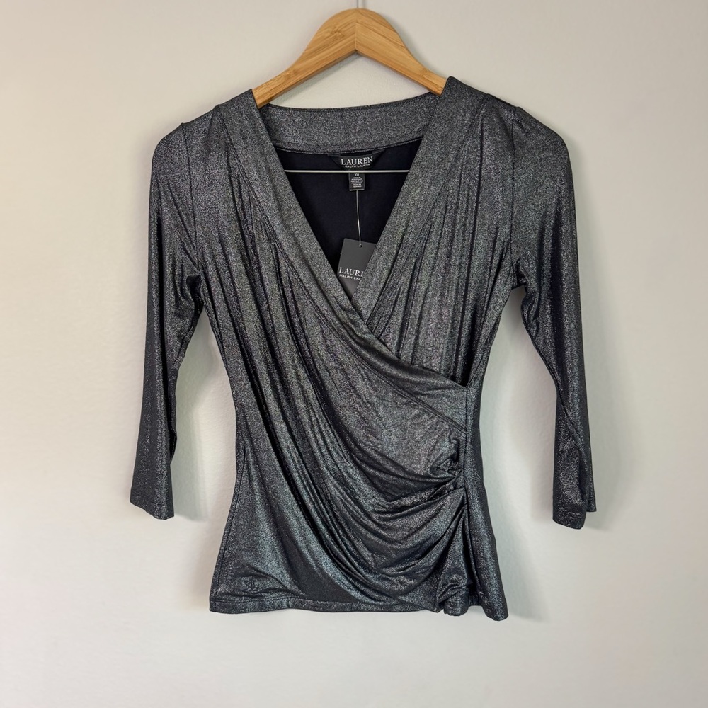 NWT Lauren Ralph Lauren Metallic Wrap Top Black Silver PS